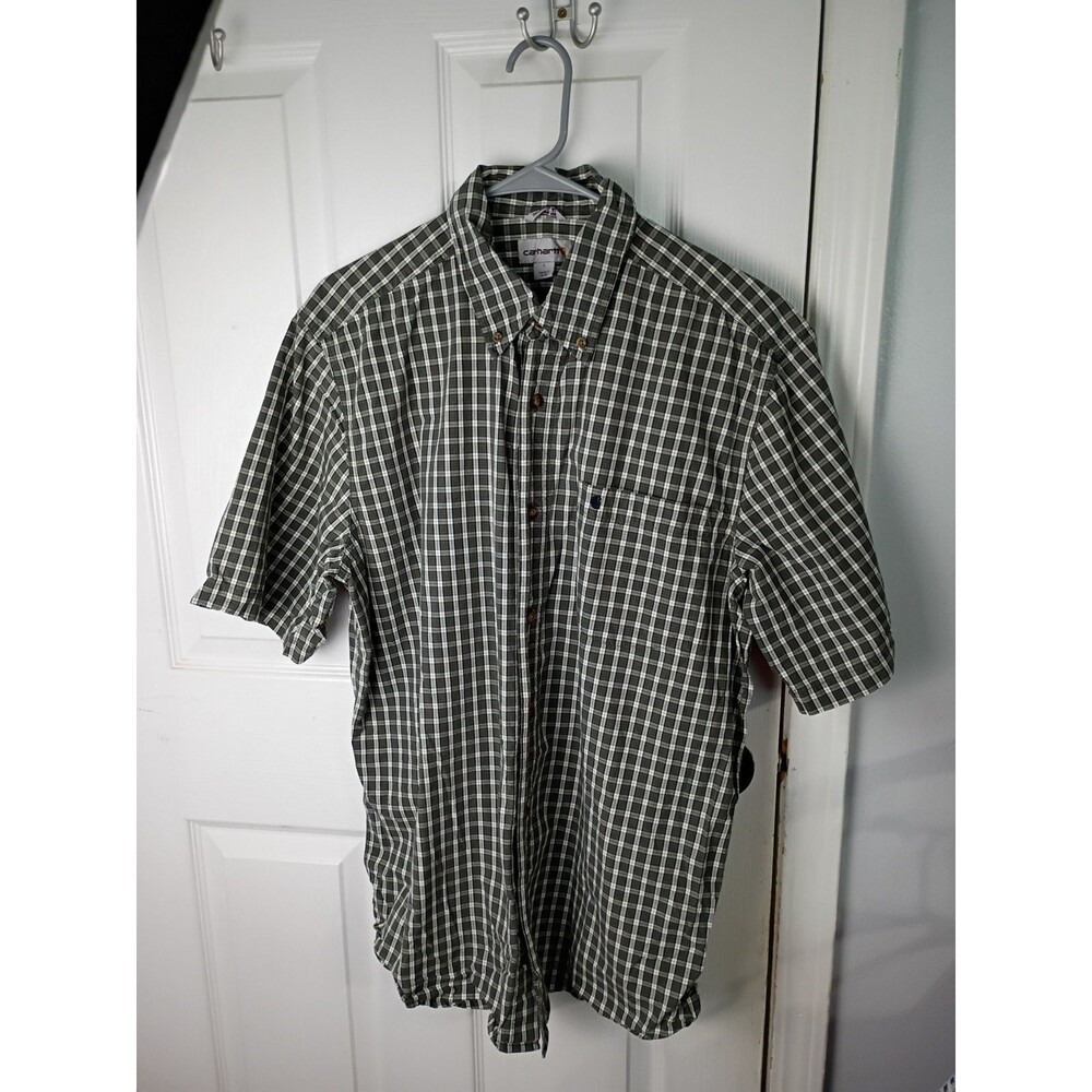 Carthartt Men’s L  SS Button Down Green Plaid Work Shirt Pocket Cotton Casual